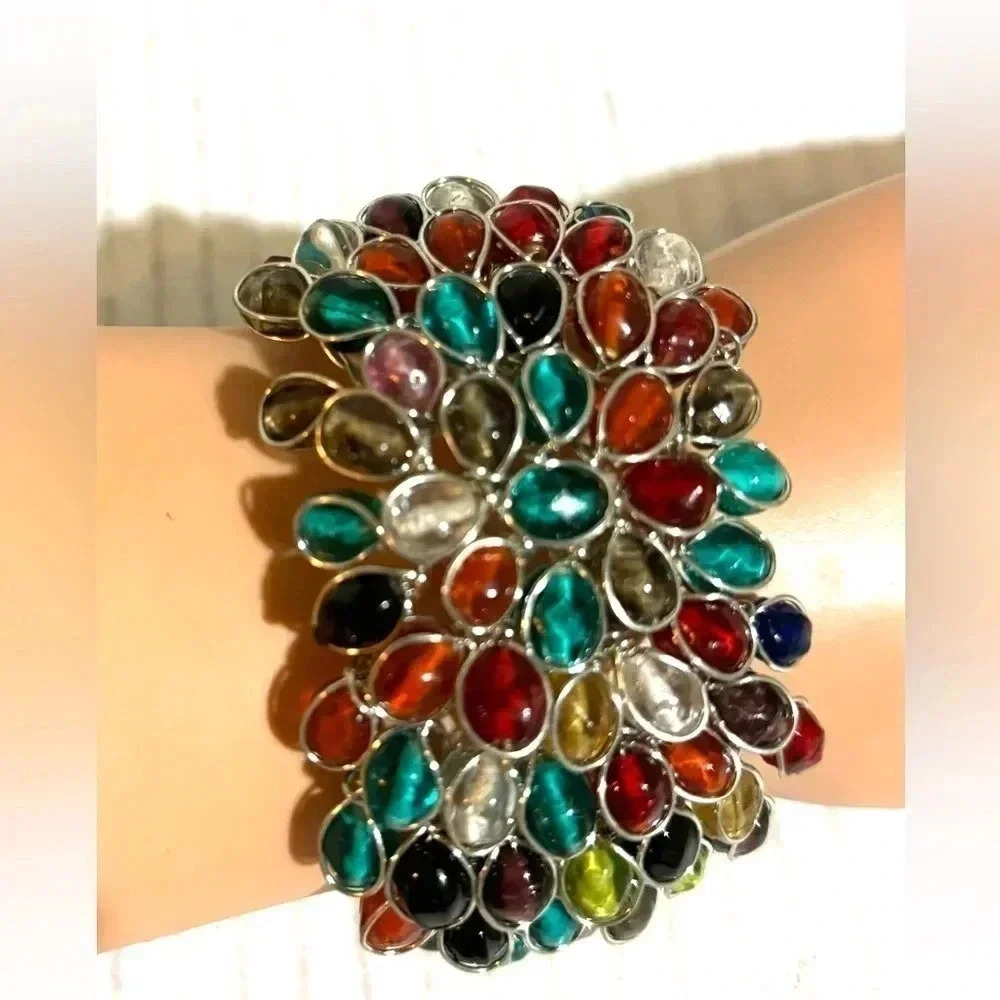 Handcuffed wire wrapped multi colored crystal beads bracelet adjustable